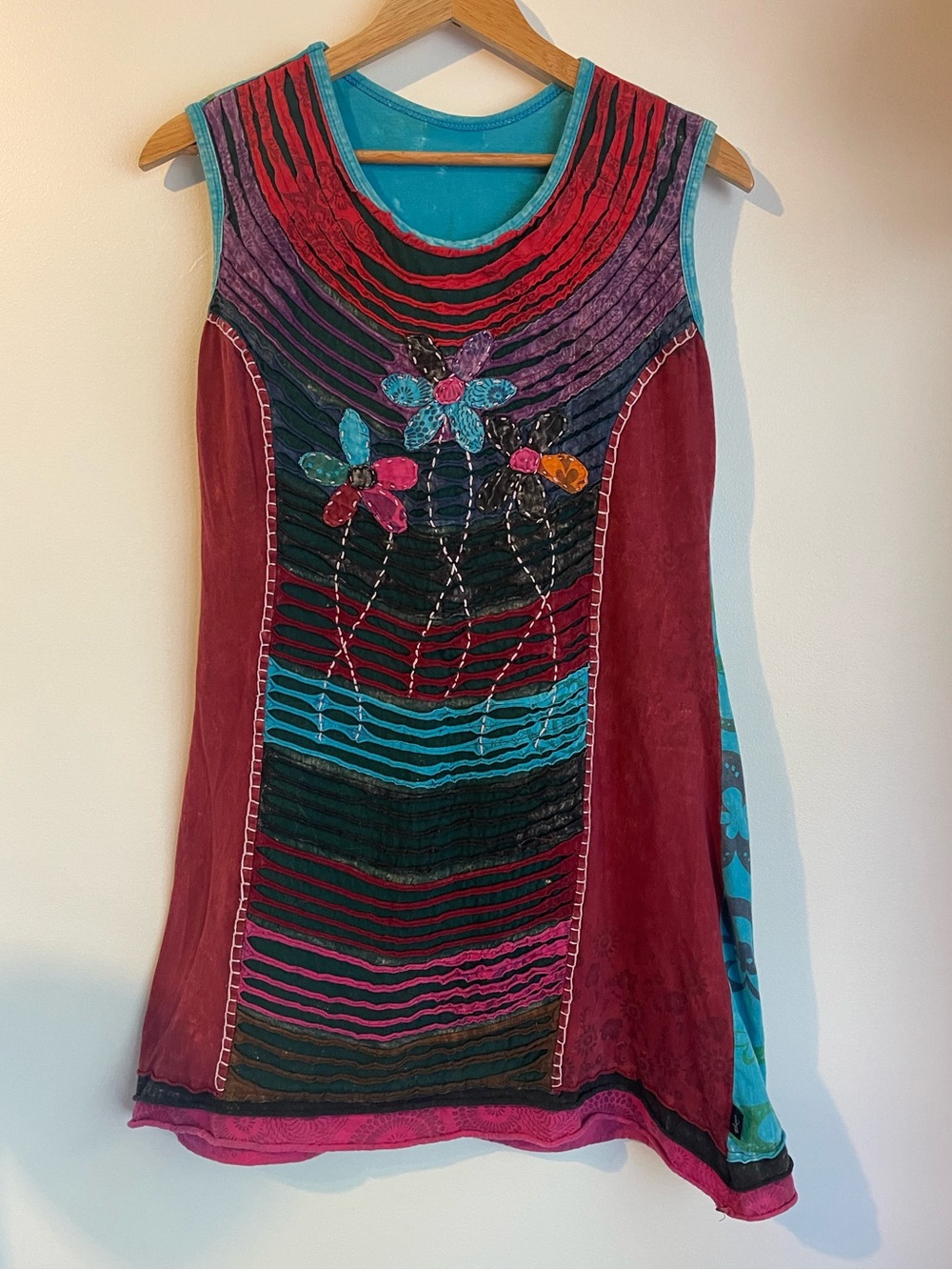 Leopards & Roses Patchwork Floral Applique Mini Dress Tunic Razor Cut M
